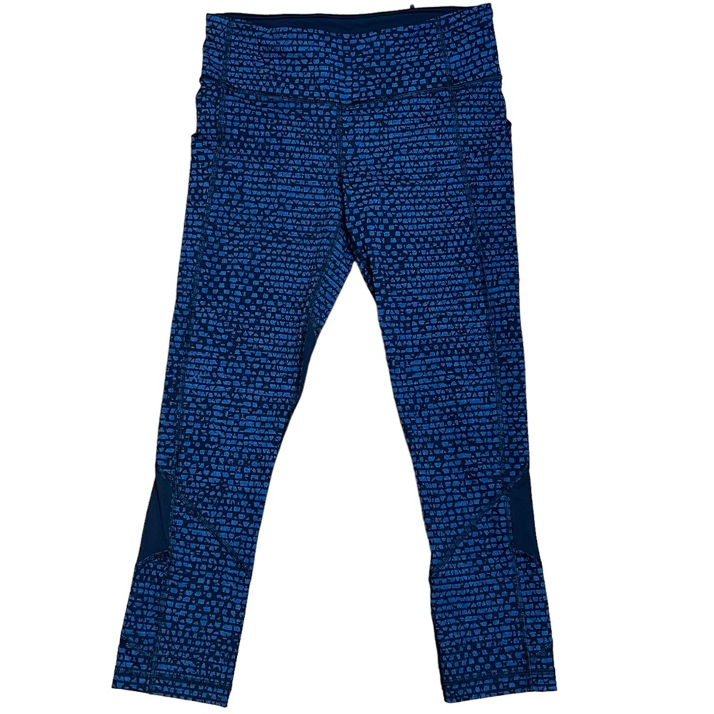 Lululemon Women's Side Mesh & Pockets Reflective Blue Black Capri Leggings Sz 4